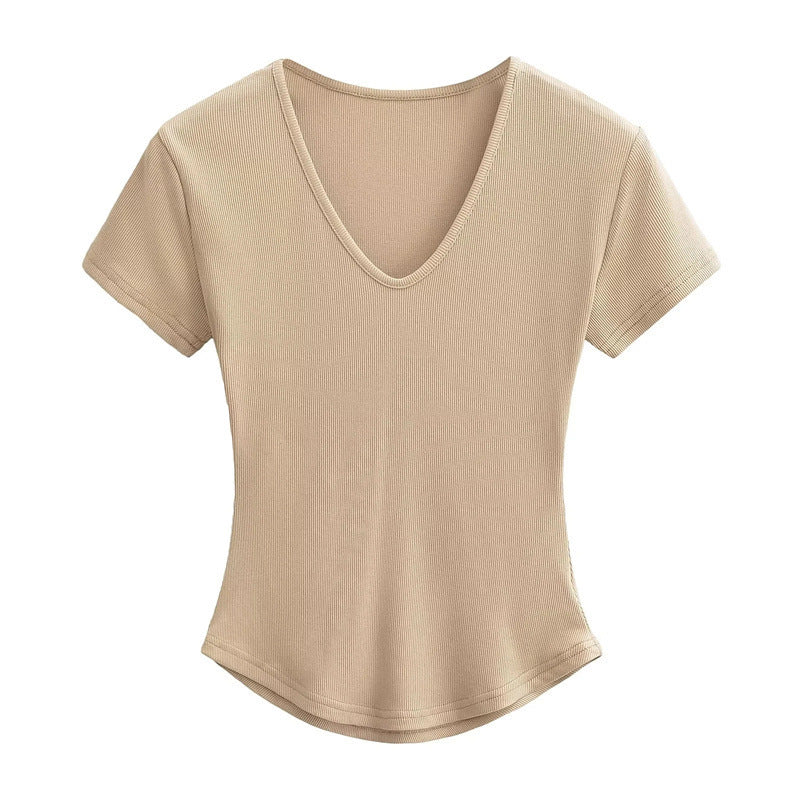 Sweet Cool Hot Girl Solid Color Slim V-neck Shoulder Short Sleeve Curved Hem