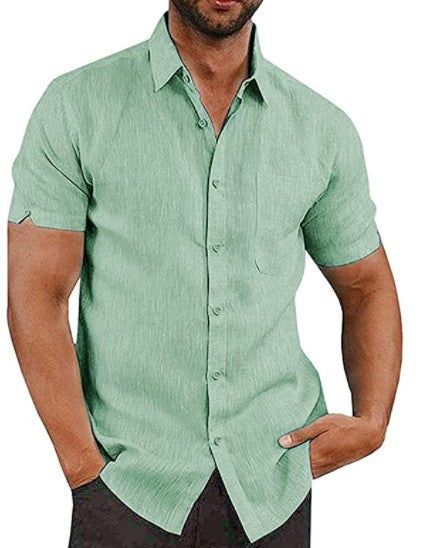 Summer Lapels Solid Color Short Sleeve Button Linen Shirt Men's Clothing