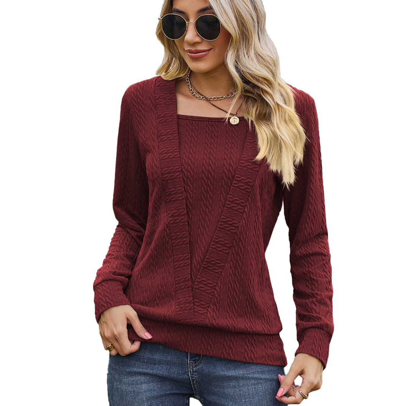 Square Collar Cross Loose Long-sleeved T-shirt Top For Women