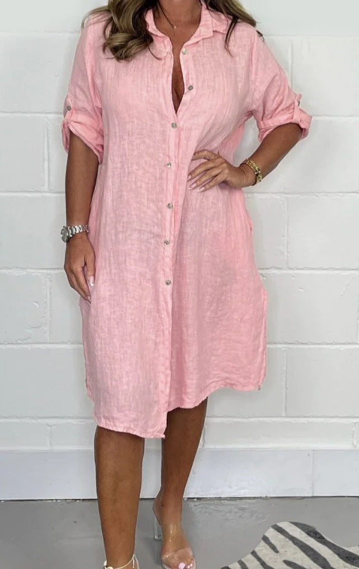 Loose Casual Half Sleeve Solid Color Cotton Linen Shirt Dress