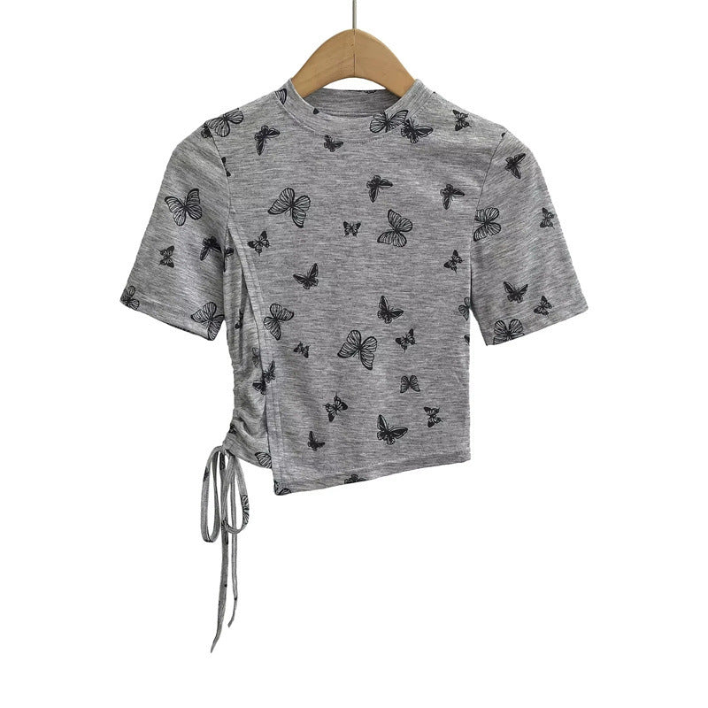 New Chinese Ink Painting Butterfly Mesh Short Sleeve Summer Asymmetric Slim-fit Shoulder T-shirt