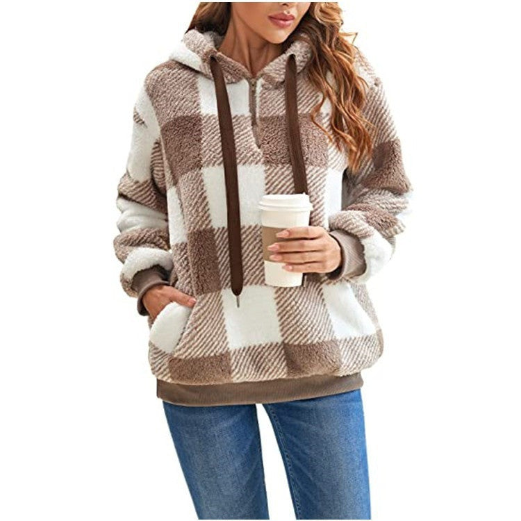 Women's Long-sleeved Hooded Plaid Plush Sweater