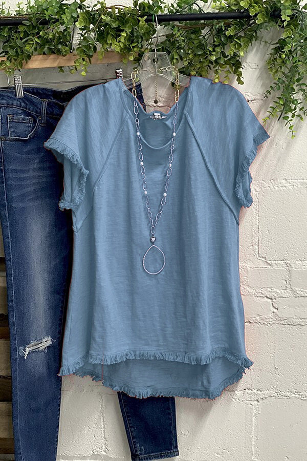 Solid Color Cotton Tassel Design Short Sleeve Round Neck T-shirt