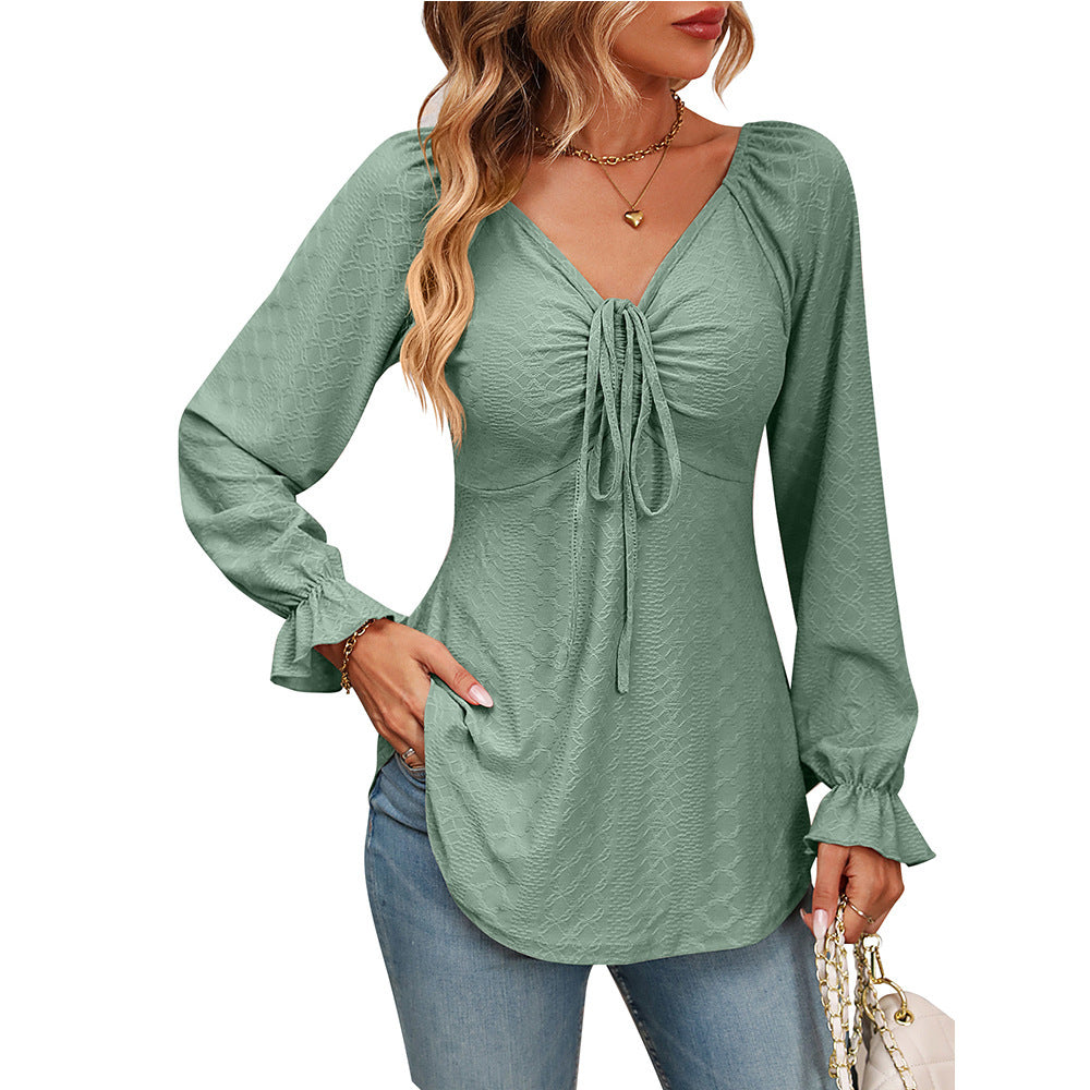 New European And American V-neck Drawstring Waist Sexy Long Sleeve Solid Color T-shirt