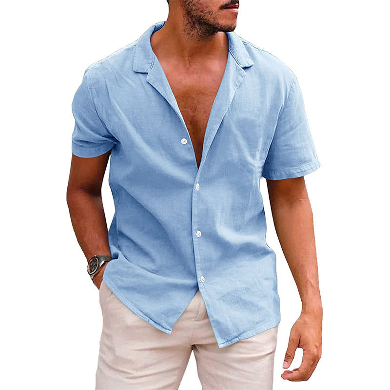 Summer Lapels Solid Color Short Sleeve Men's Cotton And Linen Shirt