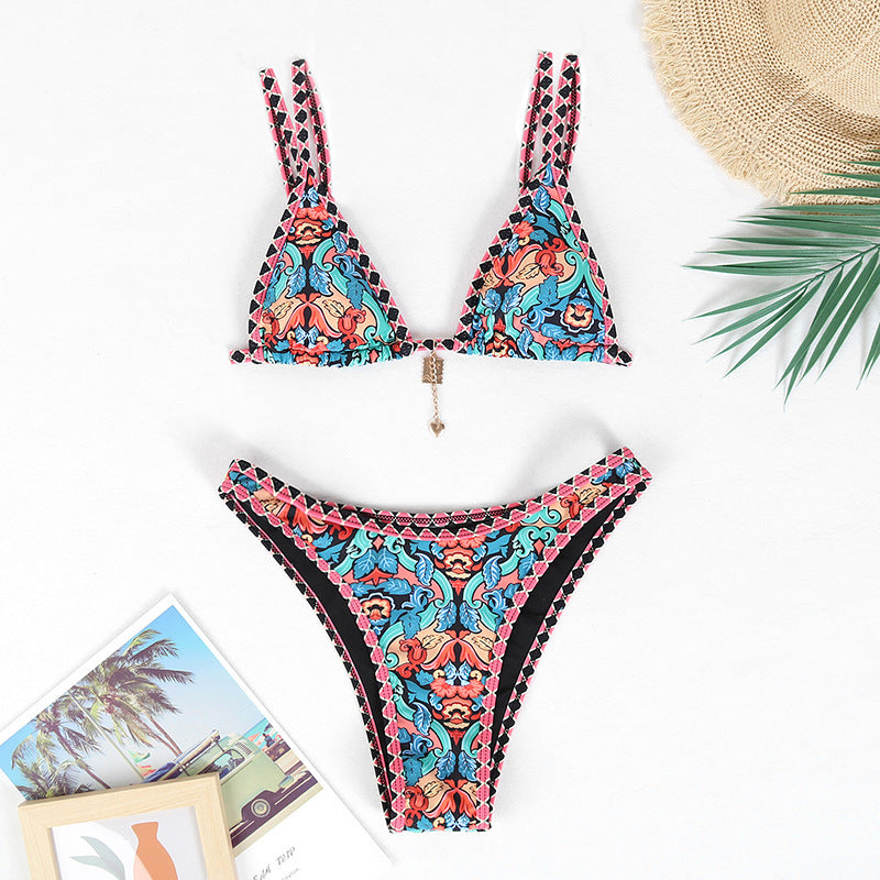 Retro 4-color Printed Women's Swimwear Bikini