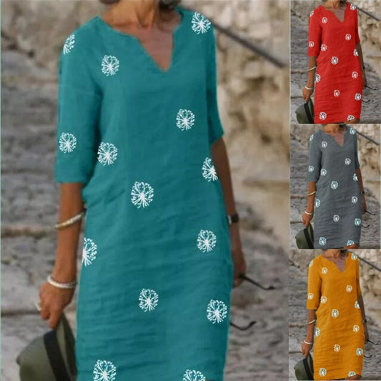 Women's Retro Cotton And Linen Printing Stitching V-neck Long-sleeve Dress