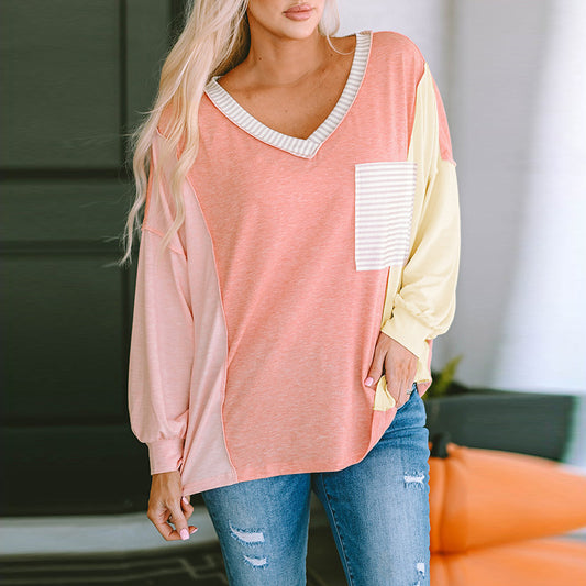 V-neck Long Sleeve Top Women's European And American Leisure Striped Multicolor Hoodie