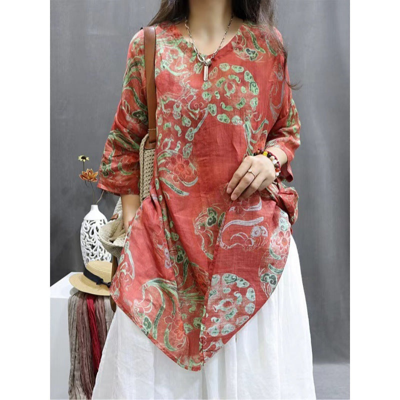 Vintage Floral Print Mid-length Sleeves V-neck Ramie Loose Western Style Artistic Casual Shirt