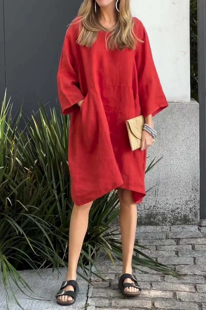 Women's Cute Solid Color Loose Casual Pocket Cotton Linen Dress