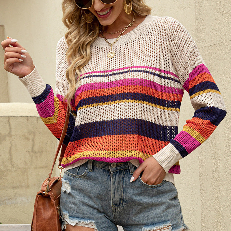 New Women's Knit Striped Colorblock Pullover Sweater