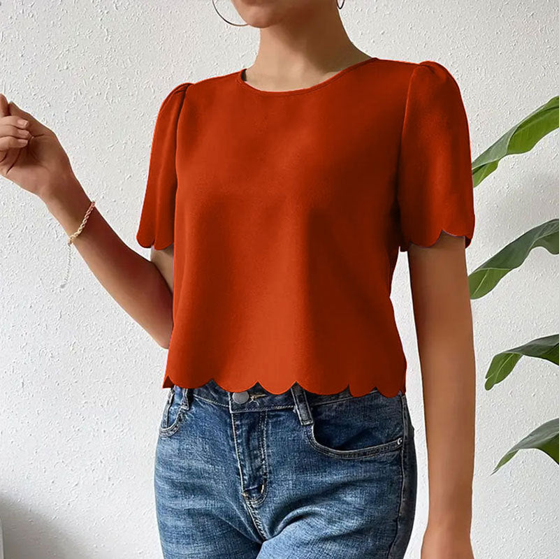 Solid Color Burnt Flower Scalloped Crop-top Short Top Female