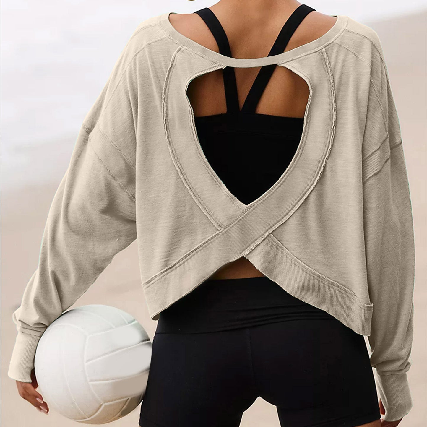 Hollow Backless Long Sleeves Loose T-shirt