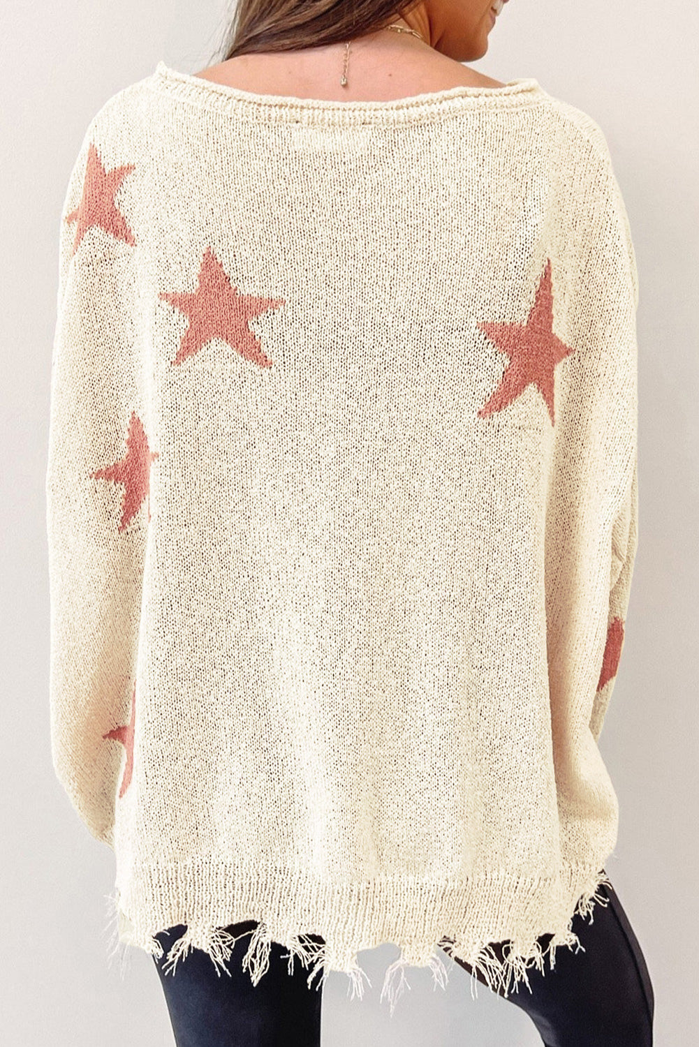 Beige Starry Long Sleeve Raw Hem Sweater