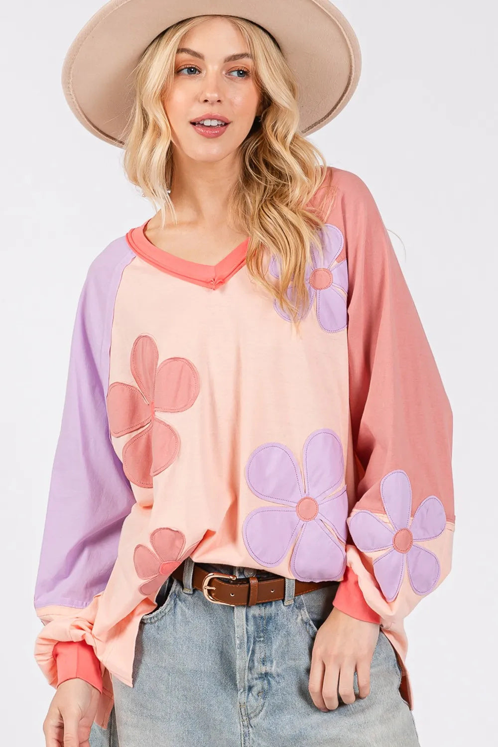 SAGE  FIG Full Size  Applique Patch Color Block Long Sleeve Top