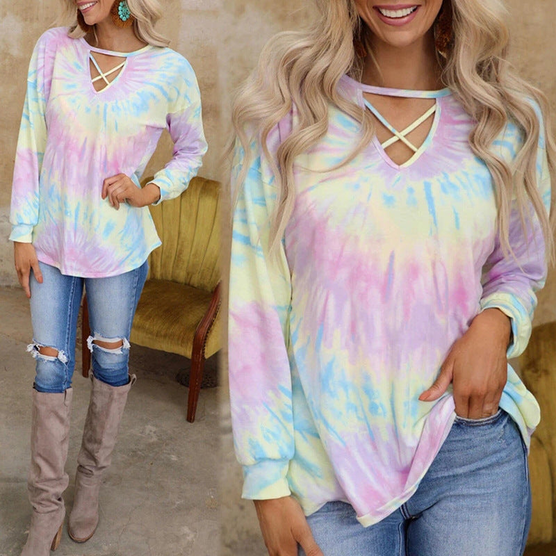 Fashionable Tie-Dye Printed Long-Sleeved Loose Casual Top