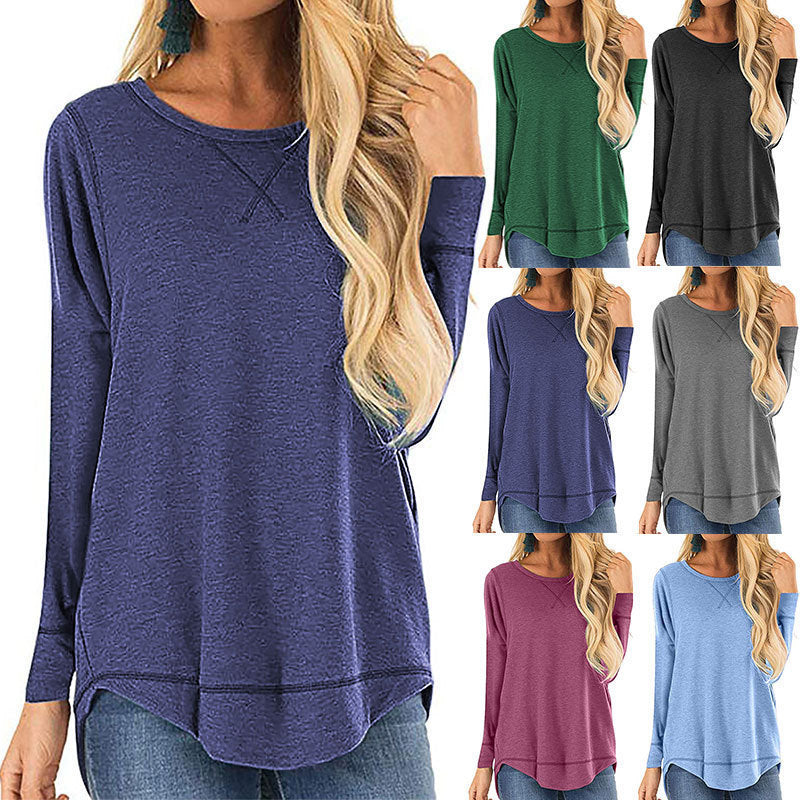 Women's Round Neck Long Sleeve Loose Top Short Front