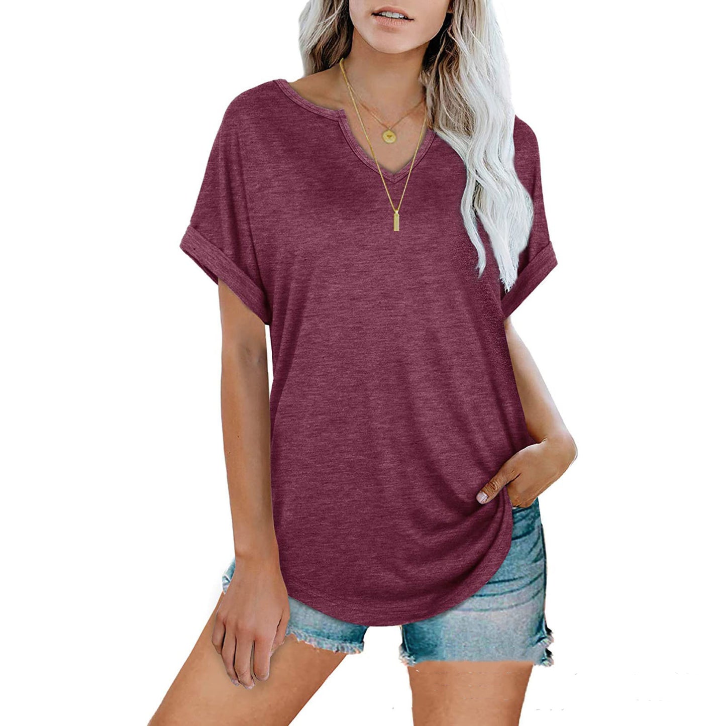 Solid Color V-neck Short-sleeved T-shirt Top Women's Clothing