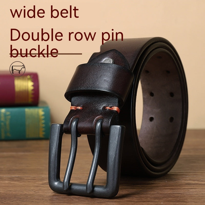 Double Pin Buckle Belt Men's Genuine Cattlehide Leather Surface All-match Casual Special Forces Belt