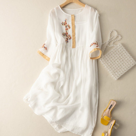 Artistic Ethnic Style Linen Cotton Embroidery Loose Half Sleeve Dress