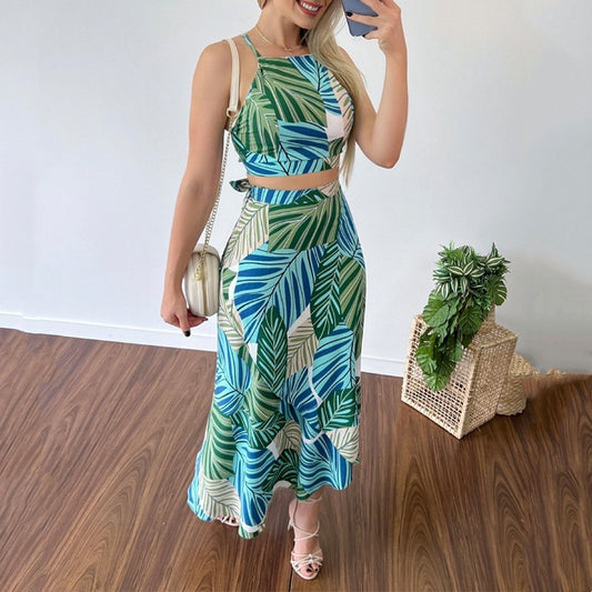 Casual Printed Short Lace Vest High Waist Dress