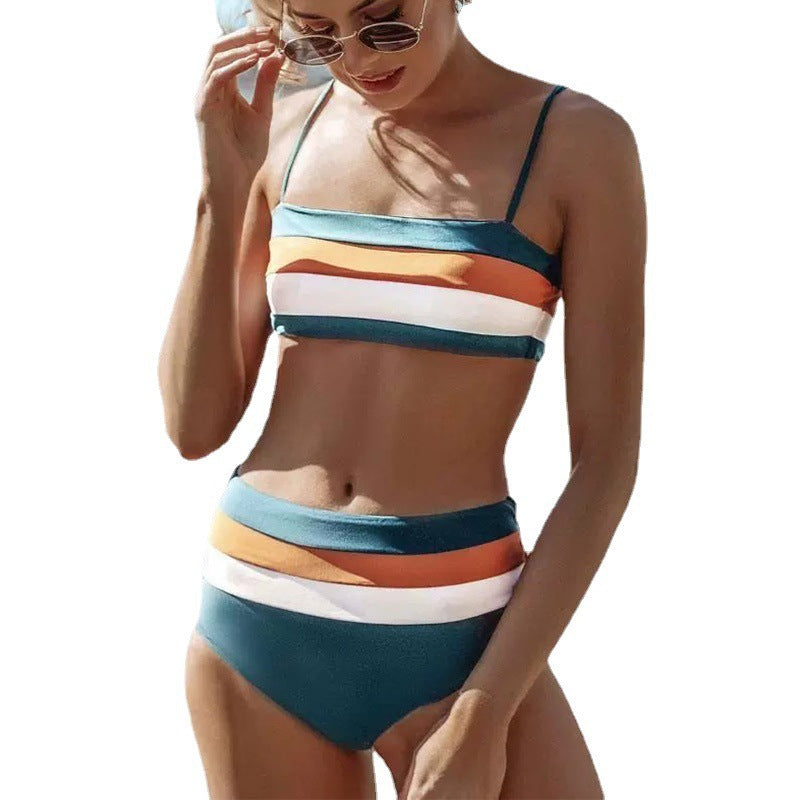 Women's Striped Contrast Color Swimsuit With Shoulder Straps Suit