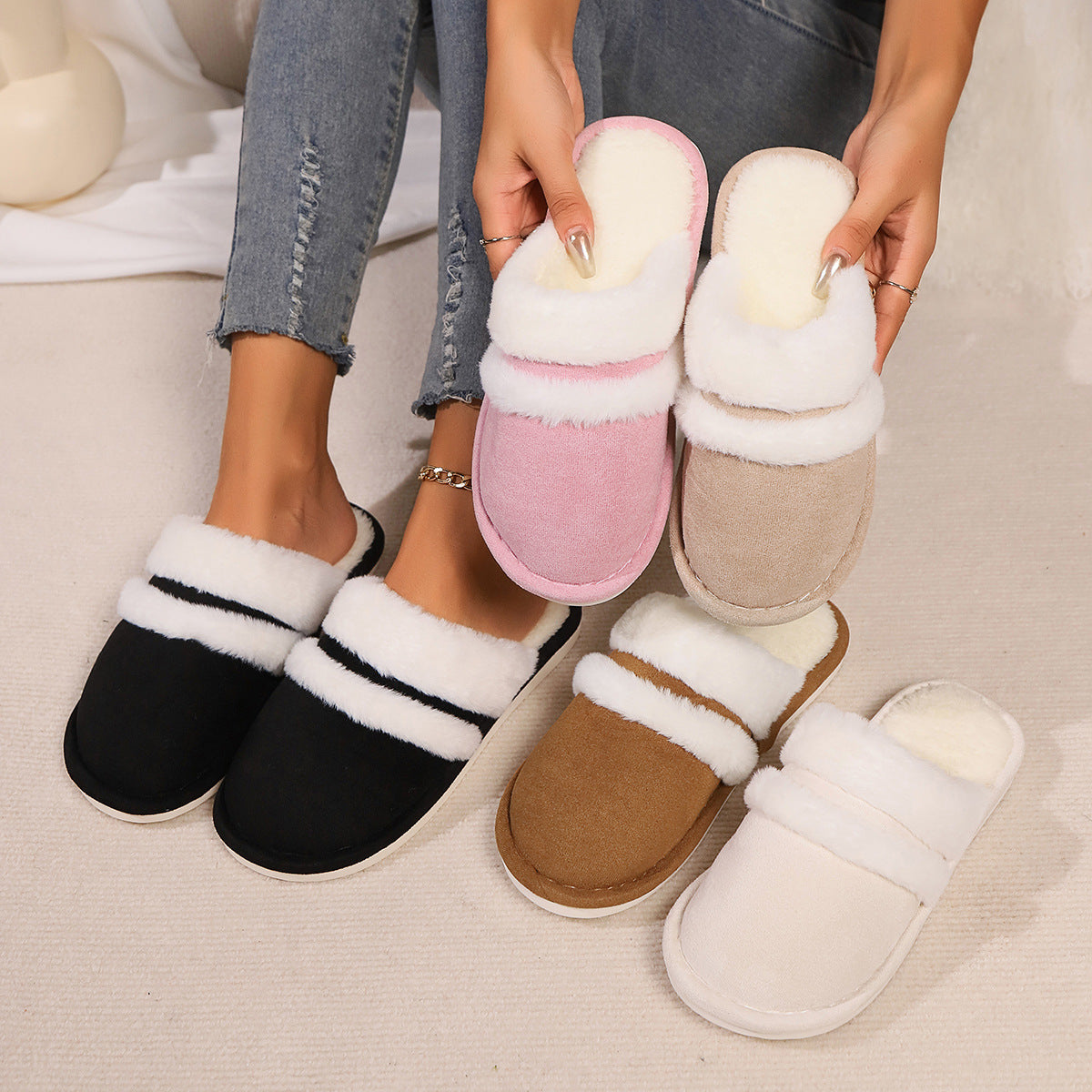 Rabbit Fur Cotton Slippers Fleece-lined Thickened Fluffy Slippers