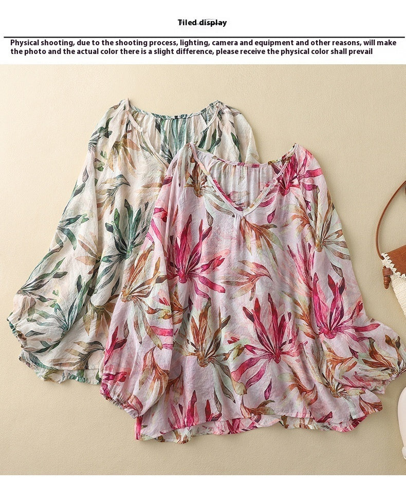 Casual All-match Lantern Sleeve V-neck Printed Sweet Style Blouse