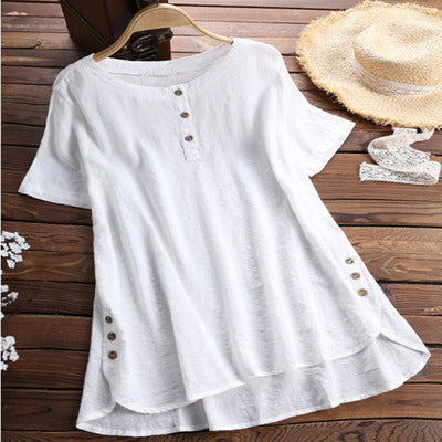 Women's Round Neck Irregular Hem Button Top