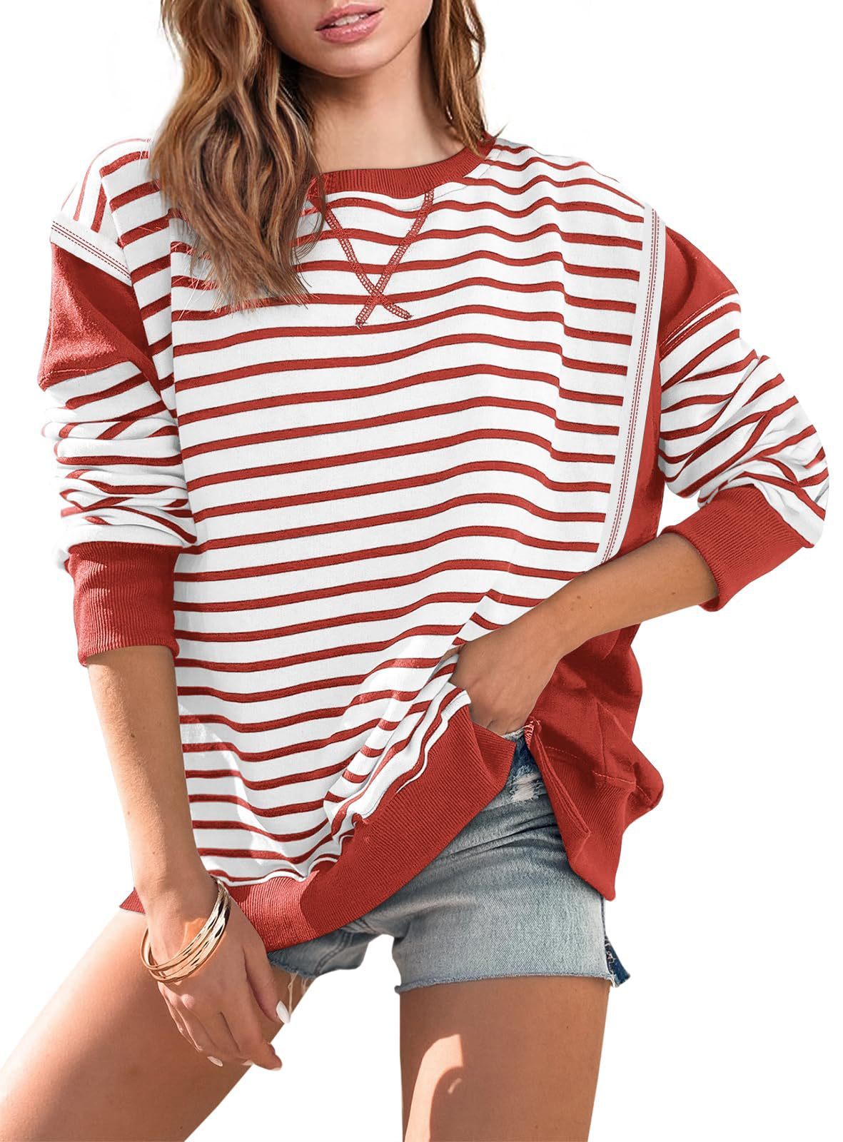 Color Matching Sweatshirt Striped Color Contrast Long Sleeve T-shirt