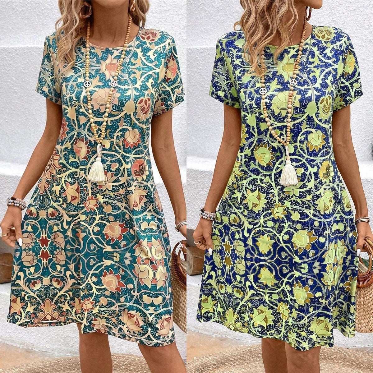 Round Neck Plant Flower Print Loose Casual Dress