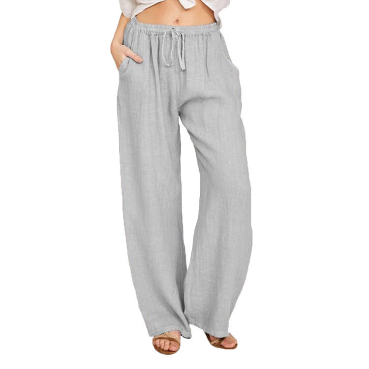 Soft Casual Drawstring Tie Trousers Summer Elastic Waist Loose Jogger Pants With Pockets