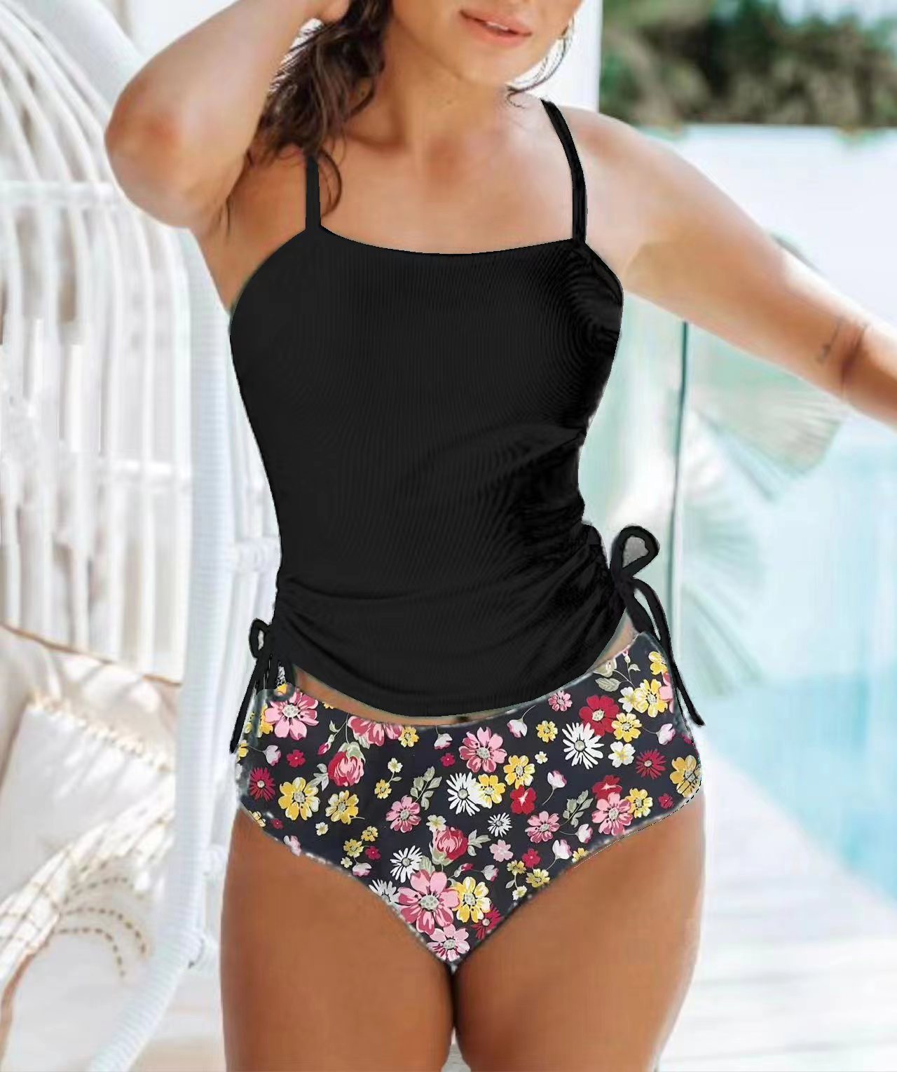 Women's Solid Color Floral Bikini Swimsuit