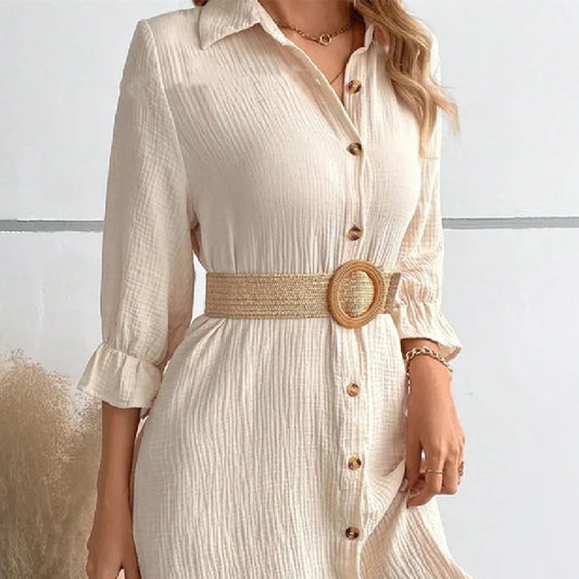 Women's Solid Color Cotton And Linen Breasted Loose Shirt Dress