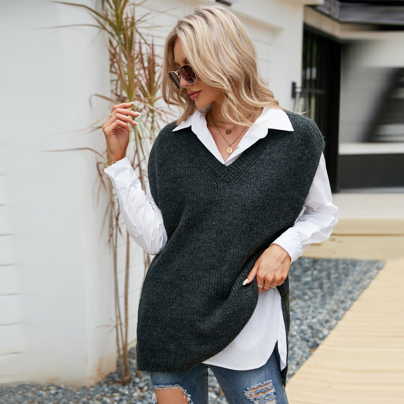 Casual Tank Top Mid Length Sleeveless V-Neck Knit Loose Sweater