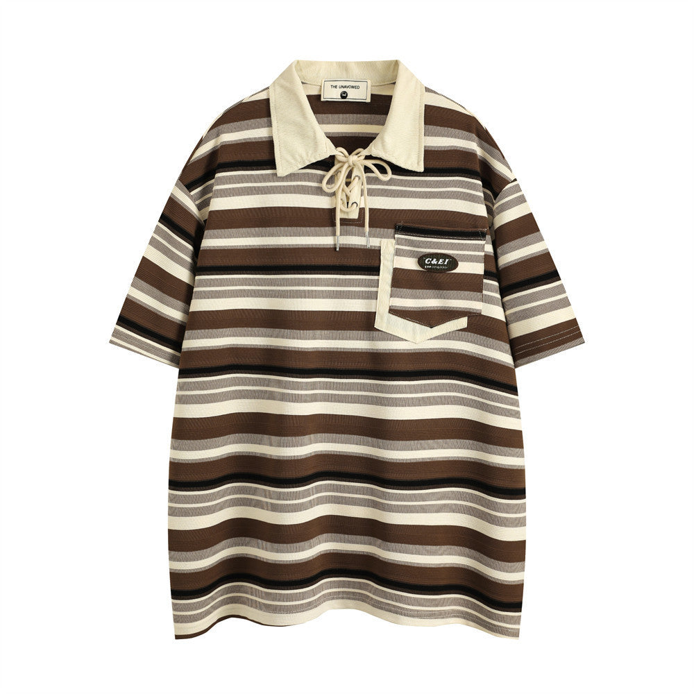 Retro Loose Striped Short-sleeved Polo Shirt For Men