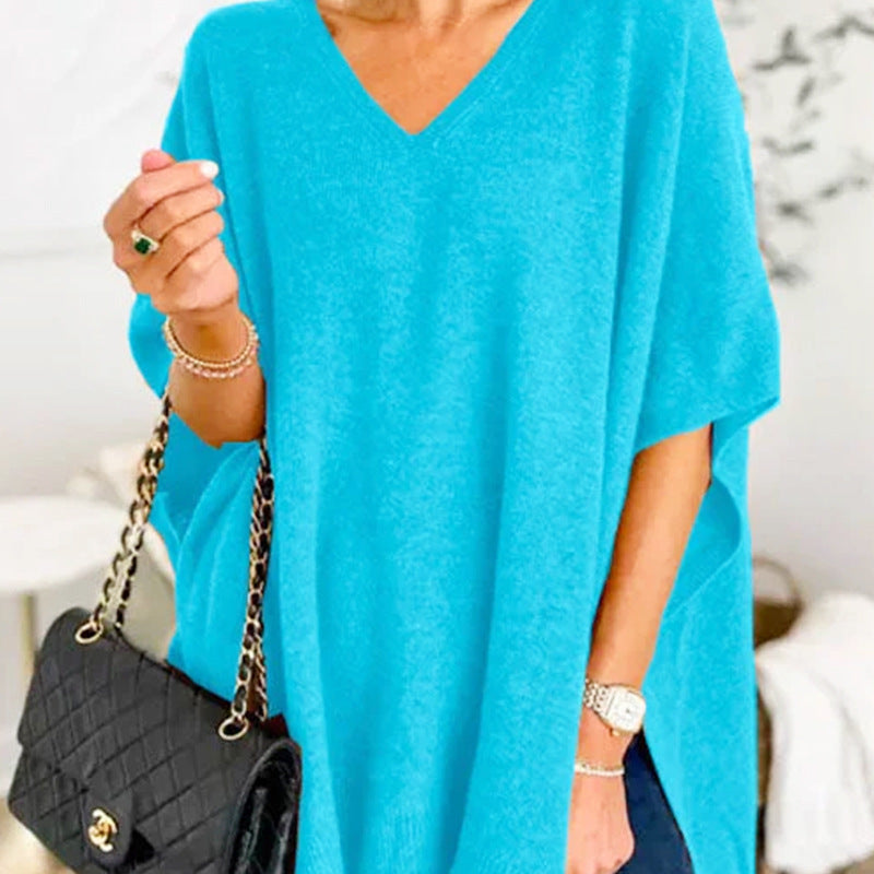 Batwing Sleeve Knitted Outer Solid Color And V-neck Pullover Loose Sweater