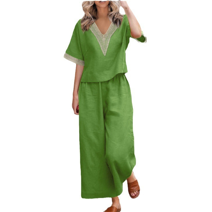 Casual Plus Size Loose Cotton And Linen V-neck Cropped Pants Two-piece Suit