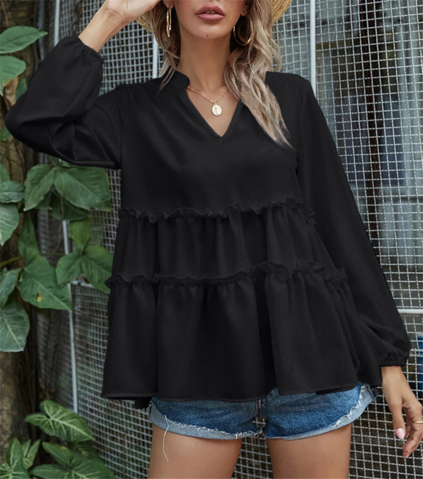 Solid Color And V-neck Ruffled Hem Shirt