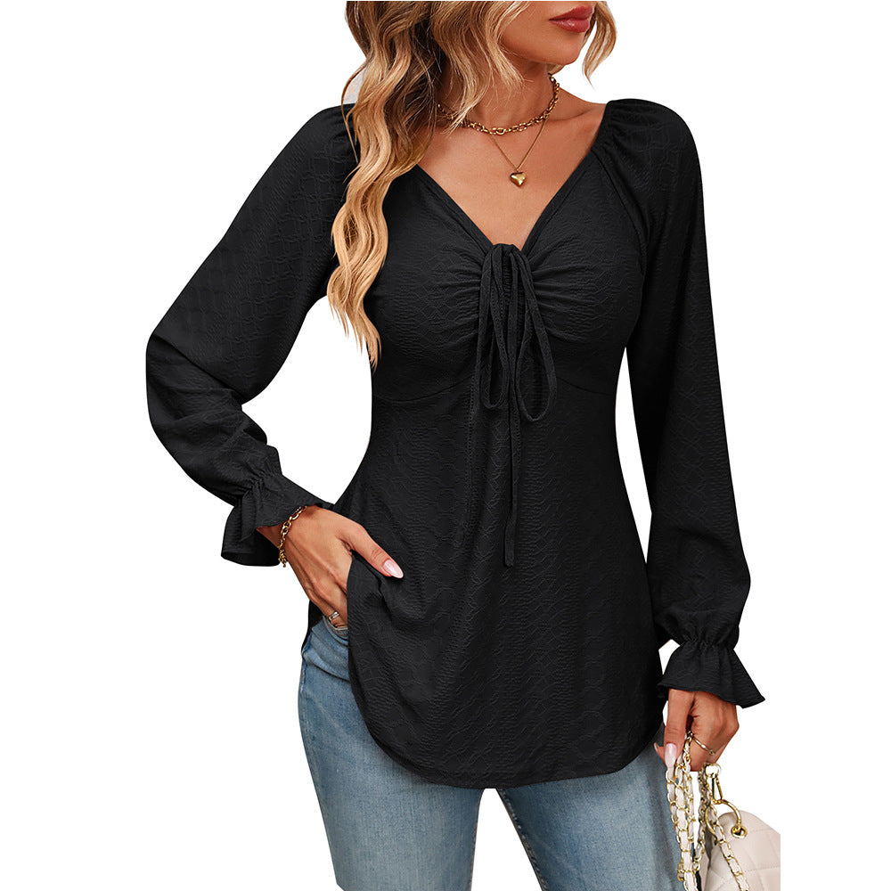 New European And American V-neck Drawstring Waist Sexy Long Sleeve Solid Color T-shirt