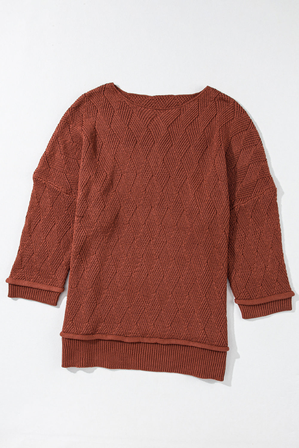 Gold Flame Solid Color Textured Crew Neck Loose Sweater