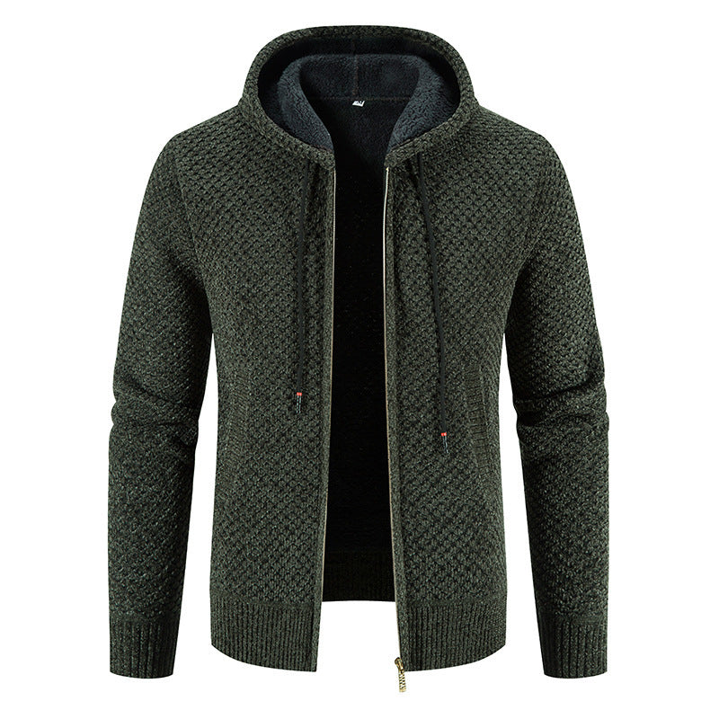 Knitwear Men's Hooded Sweater Fleece-lined Velvet-added Thickness Fleece-lined Warm Cardigan