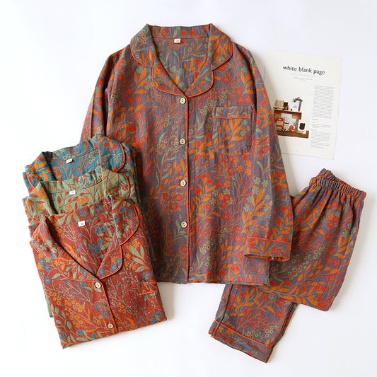 Cotton Yarn-dyed Jacquard Vintage Leaf Pajamas Set Women