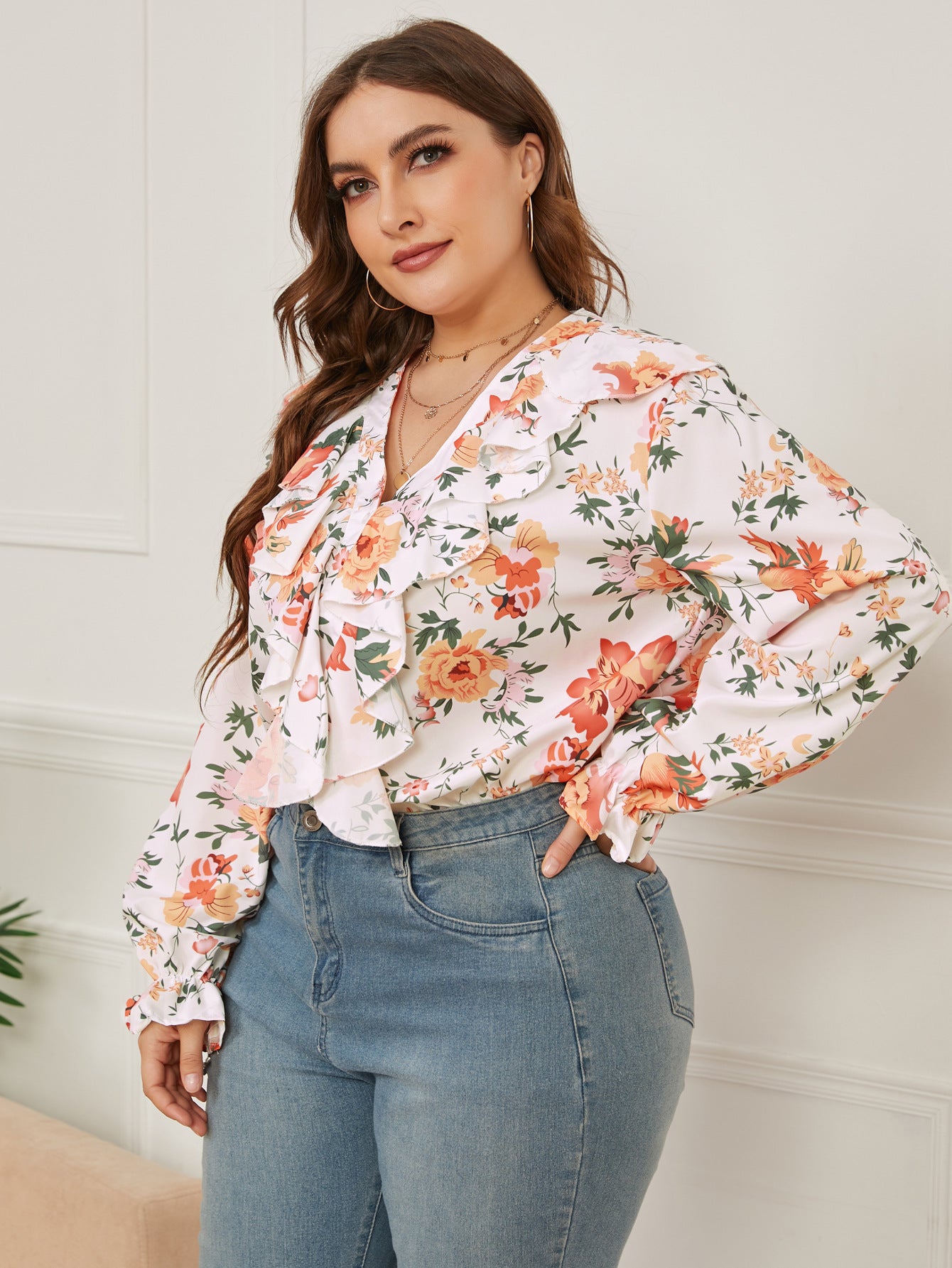 European And American Plus Size Women's Printed Ruffled Loose V-neck Shirt