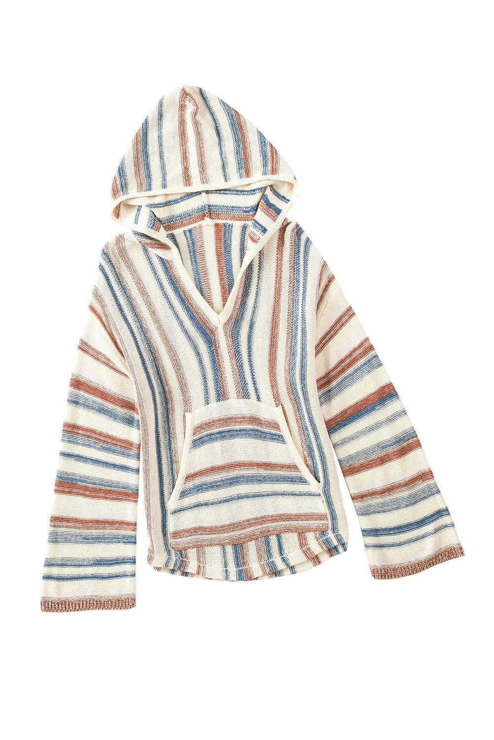 Multicolor Striped Knit Kangaroo Pocket Hooded Sweater