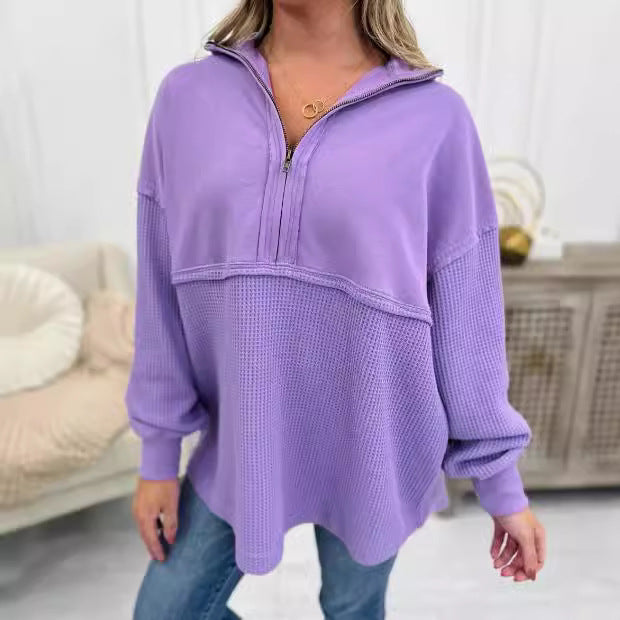 Women's Clothing Loose Zip Patchwork Sweater