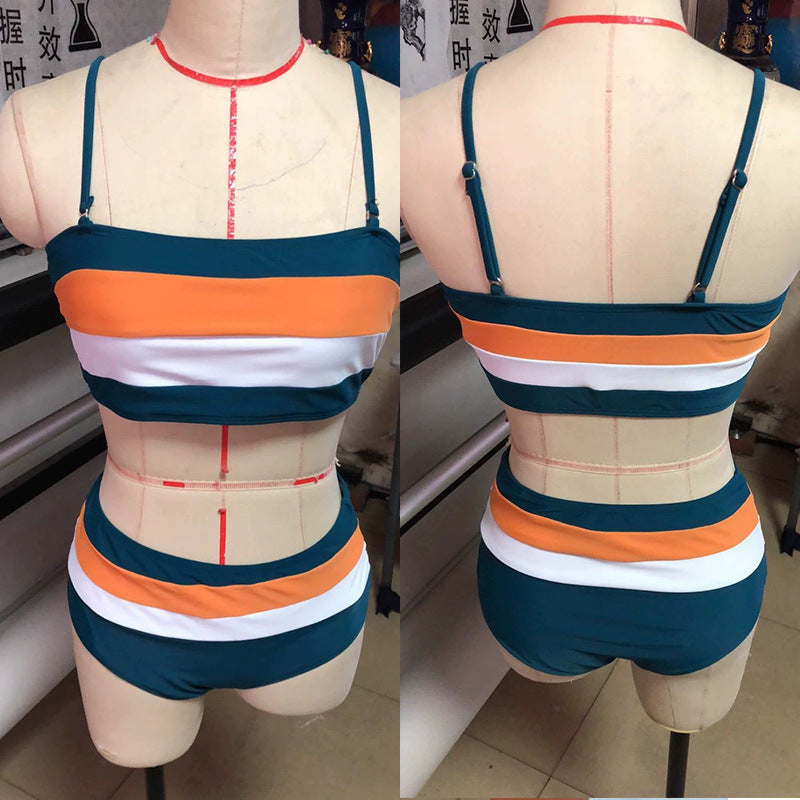 Women's Striped Contrast Color Swimsuit With Shoulder Straps Suit