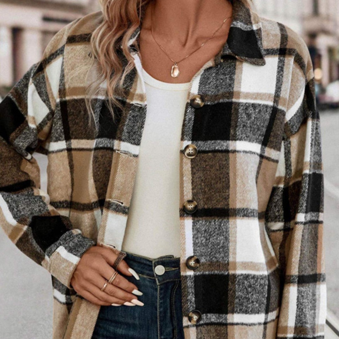 Woolen Loose Plaid Shirt Button Long Sleeve Coat