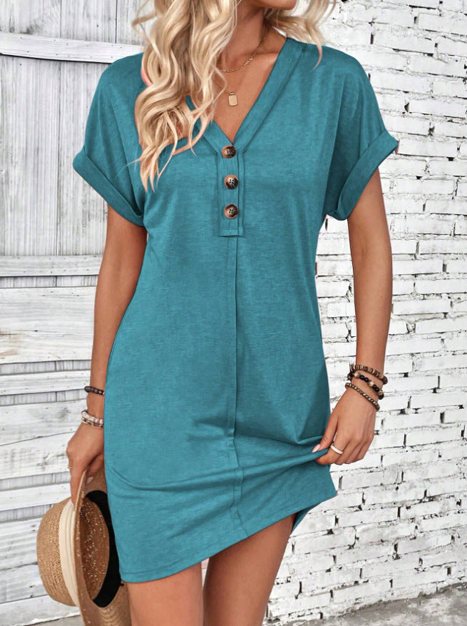 Women's Fashion Buckle V-neck With Shoulder Roll Sleeve Dress