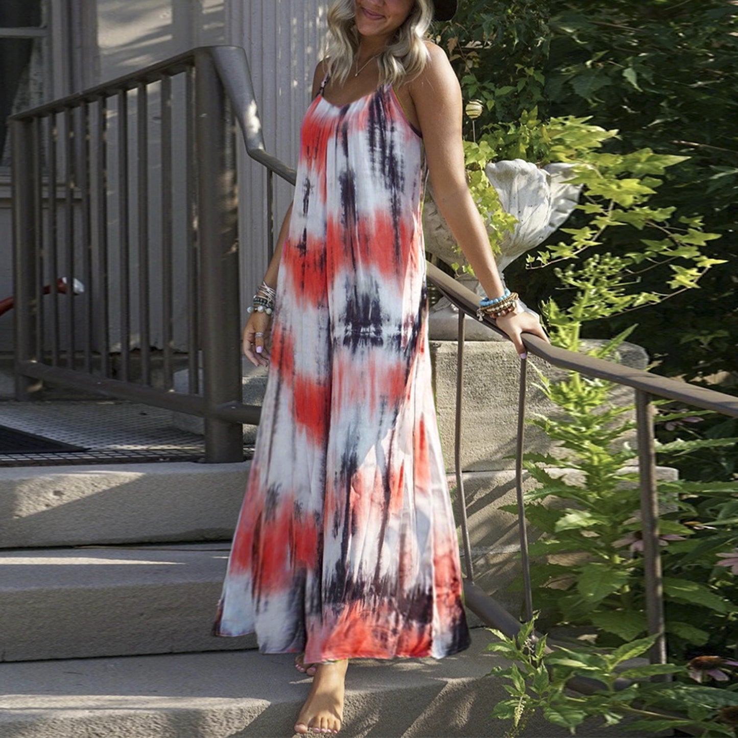 Women's Plus Size Tie Dye Striped Print Slip Dress